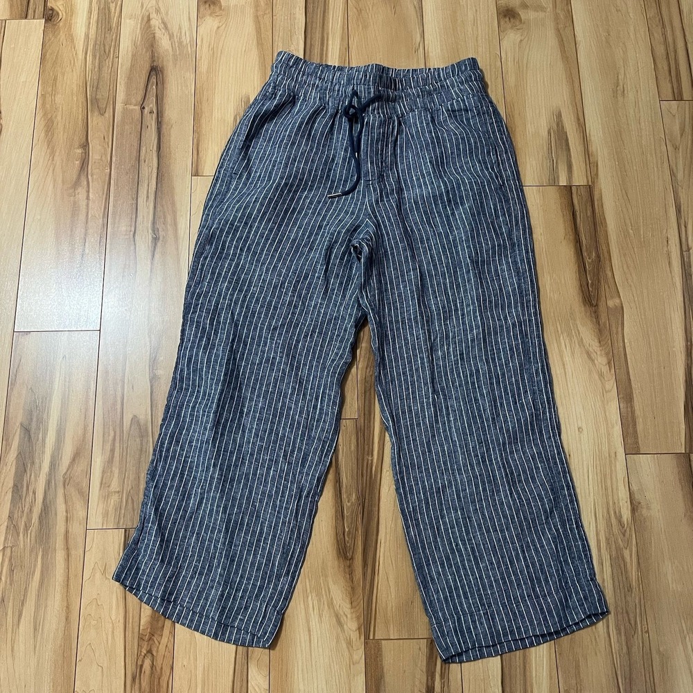 Quince 100% European Linen Wide Leg Pants M Chambray Stripe Coastal Quiet Luxury